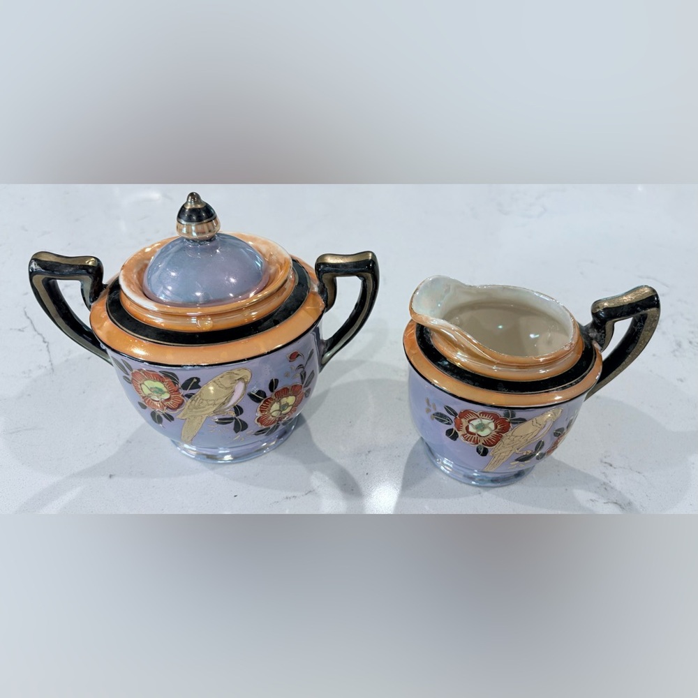 Vintage Lusterware creamer & sugar bowl set. Japanese origin w/gold bird